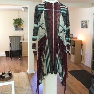 Burgandy, Black, Cream, with Teal accent hippie boho cardigan- fly away fringe